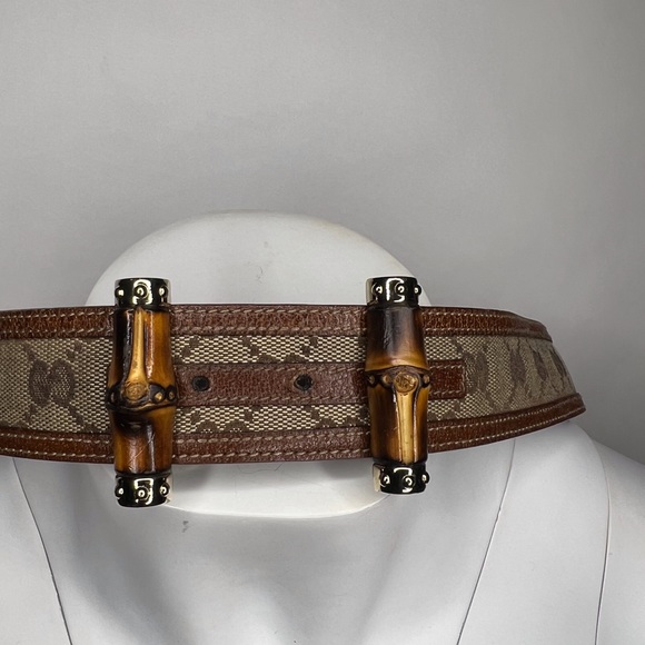 Gucci Bamboo Brown Gold Tan Leather Jackie Fabric GG Monogram Belt - Picture 8 of 10